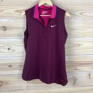 Nike Golf Top Women Large Sleeveless Polo Vented Pink Dri Fit Tour Performance